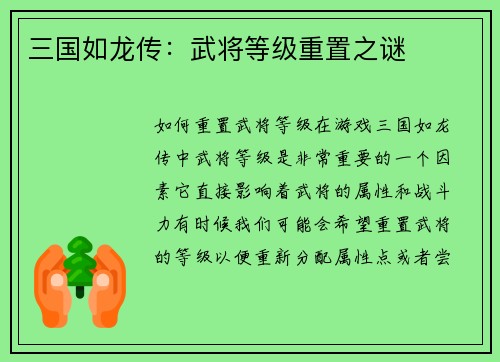 三国如龙传：武将等级重置之谜
