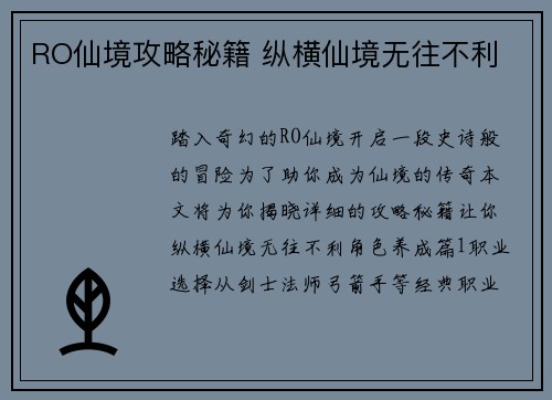 RO仙境攻略秘籍 纵横仙境无往不利
