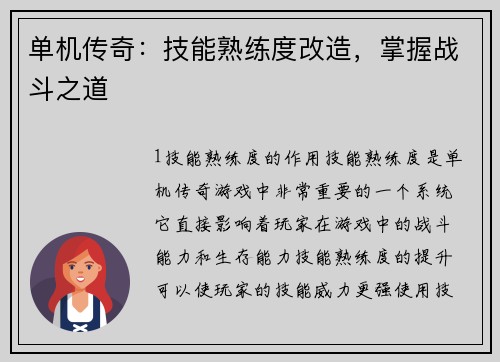 单机传奇：技能熟练度改造，掌握战斗之道