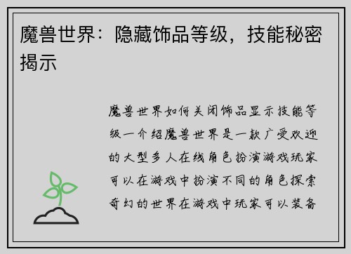 魔兽世界：隐藏饰品等级，技能秘密揭示