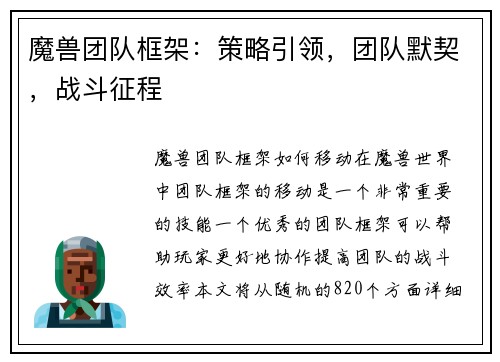 魔兽团队框架：策略引领，团队默契，战斗征程